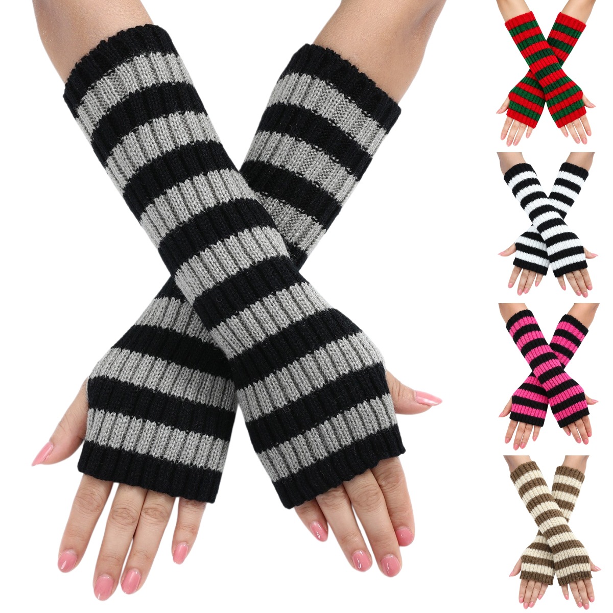 Fingerless Glove Knit - Rękawiczki bez palców w paski Y2K